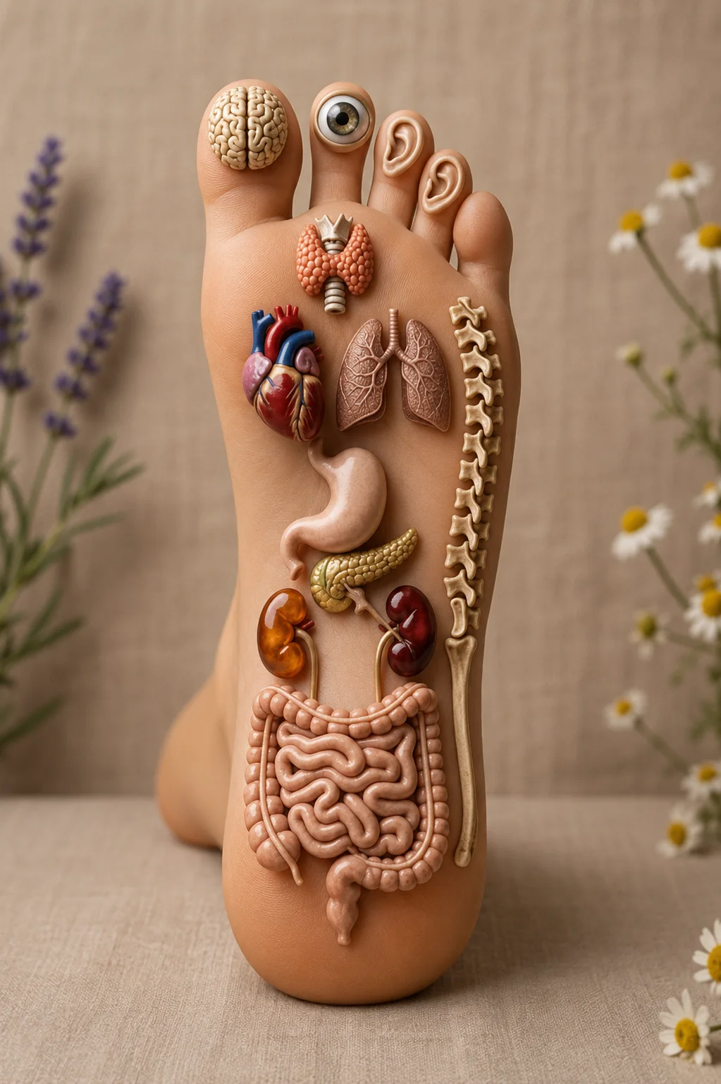 Symbolische Darstellung der Verbindung zwischen Fußreflexzonen und verschiedenen Körperbereichen